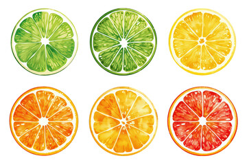 Fototapeta premium Citrus fruit slices vibrant watercolor illustration. Delicious lemon, lime, orange, and grapefruit refreshing food drawing