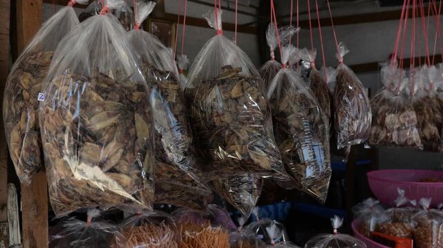 dried seafood and processed seafood at the market selling food and used goods Thai-Cambodian border It is a popular souvenir that is inexpensive