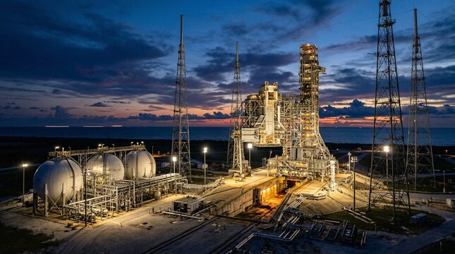 Twilight view of a heavy lift orbital launchpad with towering lightning arrestor masts and massive cryogenic propellant spheres and pipes.