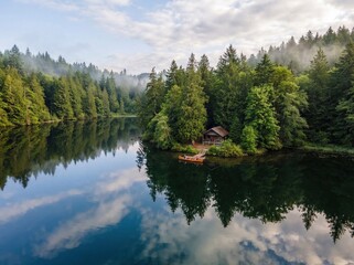 Obraz premium Scenic tranquil lake surrounded by lush green forest with a cozy cabin and a small wooden boat in the calm waters reflecting the sky and trees