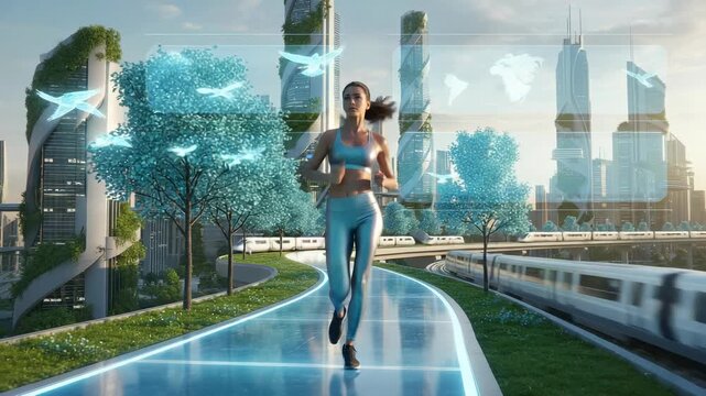 Woman in athletic clothing runs on a sleek path through a vibrant city, with trees and digital displays enhancing the futuristic environment