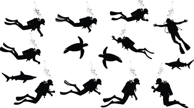 Scuba diving silhouette set featuring divers with oxygen tanks bubbles sea turtles and sharks for underwater exploration ocean sports marine life and deep sea adventure