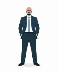 Obraz premium Confident bald businessman wearing a professional dark navy suit and light blue tie standing with hands in pockets isolated on white background depicting corporate success leadership ambition career g