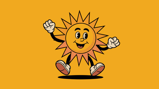 Retro rubber hose cartoon sun character cheering with joy, vintage vector illustration of happy solar mascot, energetic sunshine personality for playful design, cheerful summer vibe, positive energy c