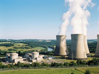 Fototapeta premium Scenic View of Industrial Nuclear Power Plant with Cooling Towers, Blue Sky, and Lush Green Landscape Near Riverbank in Bright Daylight