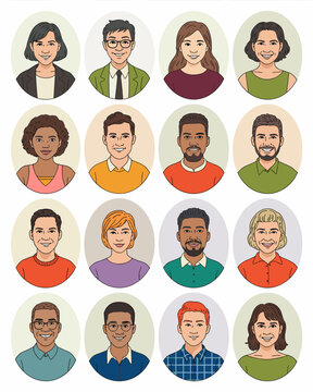 Diverse group of smiling business people avatar portraits showing multicultural professionals in corporate settings for web design identity concepts creating friendly human resources communication vis