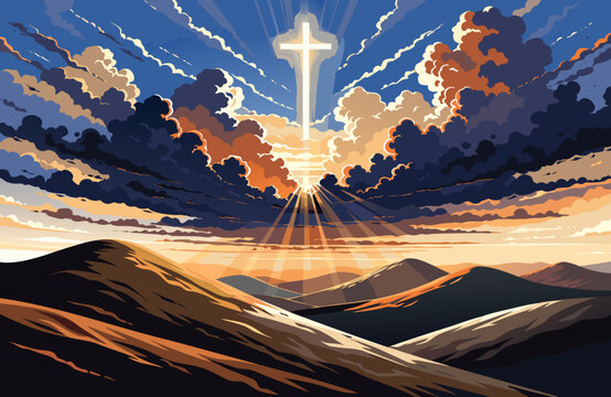 Easter Sunrise Over Rolling Hills Glowing Cross Silhouette Golden Light Rays Breaking Clouds Cinematic Wide Angle Ultra Realistic