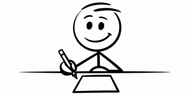 A happy stick figure writing on a clean white paper page at a simple desk studio set representing education creative learning concept tasks productivity professional goals homework project planning wo