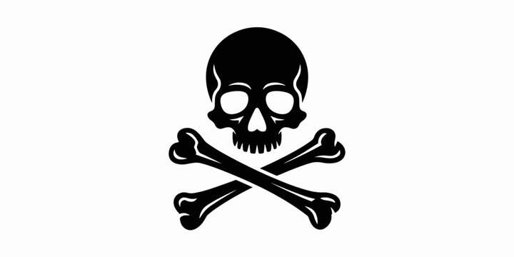 A stark black and white vector illustration depicting a traditional skull and crossbones icon representing danger, mortality, piracy, or toxic warnings in a minimalist graphic design style for creativ