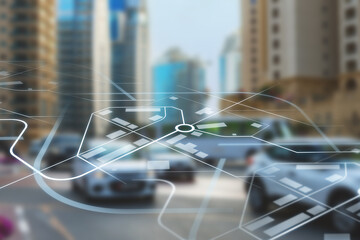 View of city traffic with digital map overlay showing streets and roads
