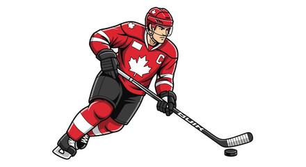 Obraz premium Canadian Ice Hockey Player in Action, Red Jersey with Maple Leaf Emblem