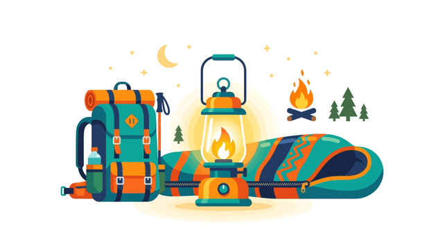 Camping Gear Collection Backpack Lantern Sleeping Bag Campfire.