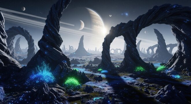 Alien moon landscape with bizarre geological formations, celestial bodies, and glowing flora