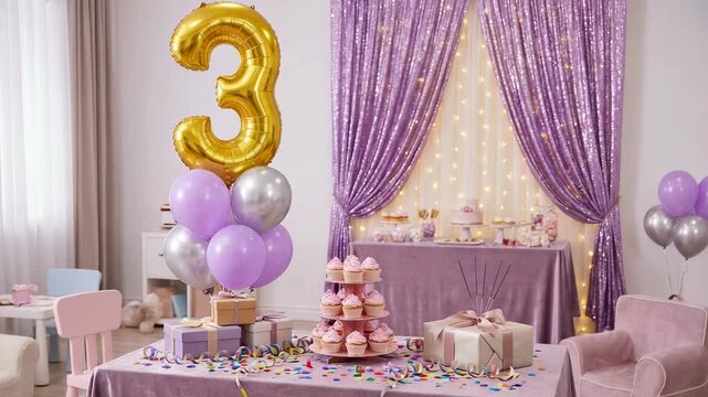 Purple room features a golden '3' balloon. Pastel balloons float around the table. Confetti decorates the floor. Tiered stand displays pink cupcakes. Gift boxes sit nearby