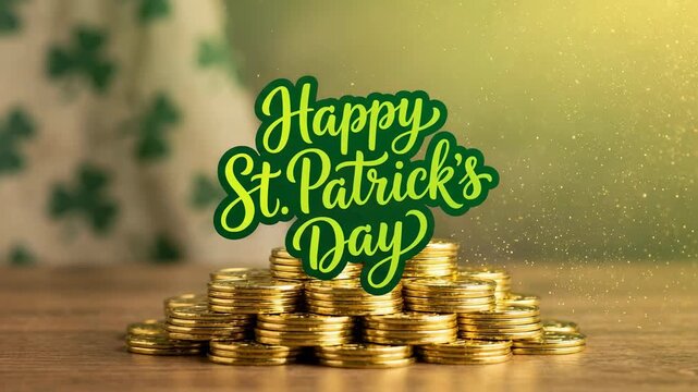Golden coins stack on a wooden table. Green "Happy St. Patrick's Day" text glows softly. Shamrock pattern fills the background gently. Sparkles float around the scene