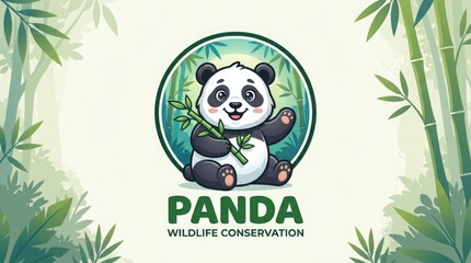 Naklejka premium Cute panda bear holding bamboo shoots for wildlife conservation and eco friendly concepts