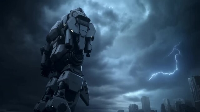 Futuristic robotic giant standing in a stormy cityscape. Represents advanced technology and the impact of robotics on urban environments