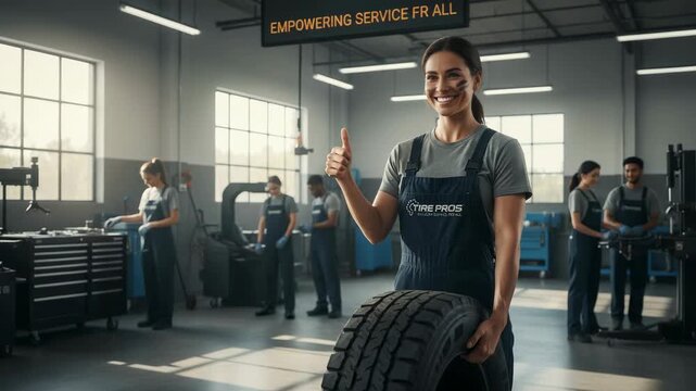 Woman mechanic in blue overalls holds a tire and gives a thumbs-up in a bright automotive workshop with tools and coworkers visible in the background
