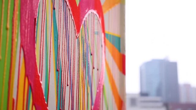 Vibrant street art featuring colorful paint drips and abstract patterns. Represents urban creativity and artistic expression in city life