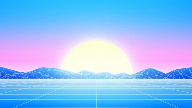 Vibrant geometric landscape with a rising sun and colorful gradient sky. Represents digital art, creativity, and futuristic design concepts