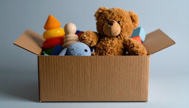 Box full of toys for donation or charity.