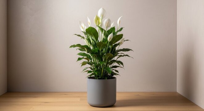 A tall peace lily with elegant white blooms in a grey cylindrical pot, showcasing its lush green foliage indoors on a wooden surface.