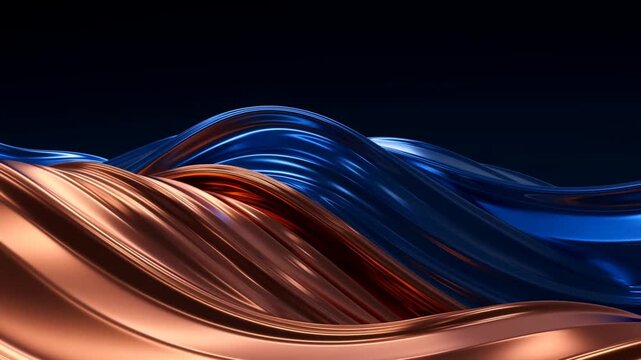 Abstract flowing waves of copper and blue metallic textures. Represents fluidity, elegance, and modern design aesthetics