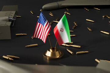 Naklejka premium USA and Iran flags standing on a golden holder surrounded by scattered ammunition and military elements in a tense geopolitical concept scene on dark surface. 3D Rendering