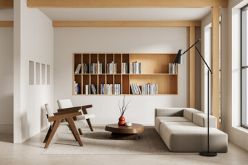 Modern minimalist interior featuring wooden shelving, neutral seating, soft light, clean lines and...
