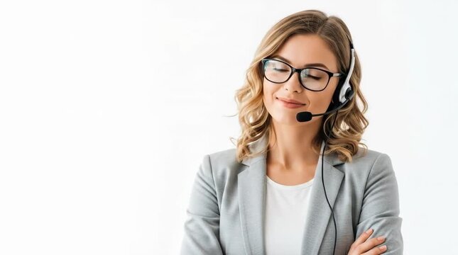 A smiling business woman wearing a headset and glasses in a professional setting for a corporate
