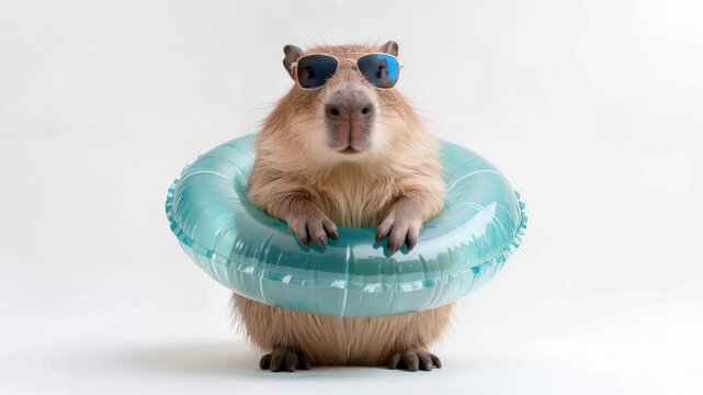 Capybara wearing stylish sunglasses and inflatable swim ring stands against a white background. Humorous anthropomorphic scene represents summer fun, relaxation, and playful mood.