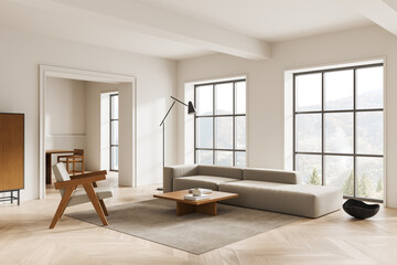 Modern minimalist interior living room with large windows, neutral furniture, wooden accents, soft lighting and open architecture design concept. 3D Rendering © ImageFlow