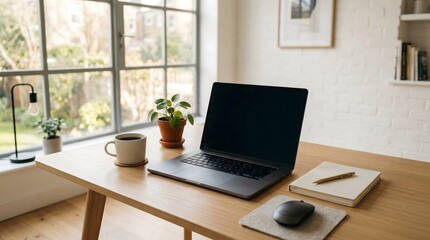 Fototapeta premium A clean modern office desk setup with laptop, notebook, coffee cup, and stationery, soft morning sunlight coming through large window, minimalistic style, neutral tones, shallow depth of field, no 
