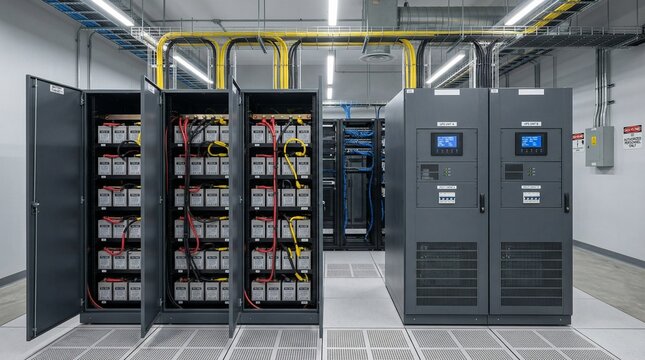 A room with large industrial battery cabinets and control panels, likely for backup power or energy storage in a data center.