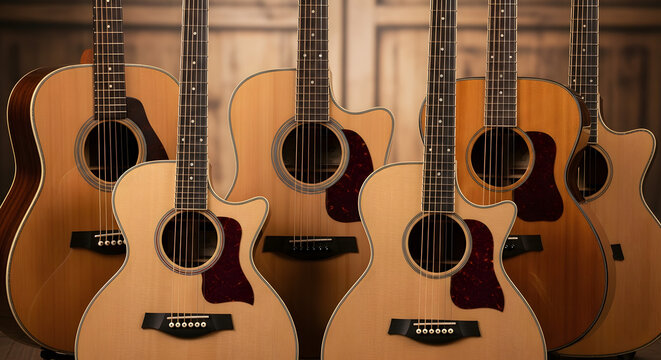 Multiple Acoustic Guitars Displayed Together in Classic Interior Setting, Group of Beautiful Wooden String Instruments Leaning Against Wall, Music Store or Studio Collection Photography