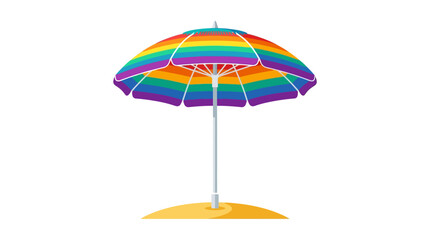 Obraz premium Colorful Rainbow Beach Umbrella Standing on Sand.