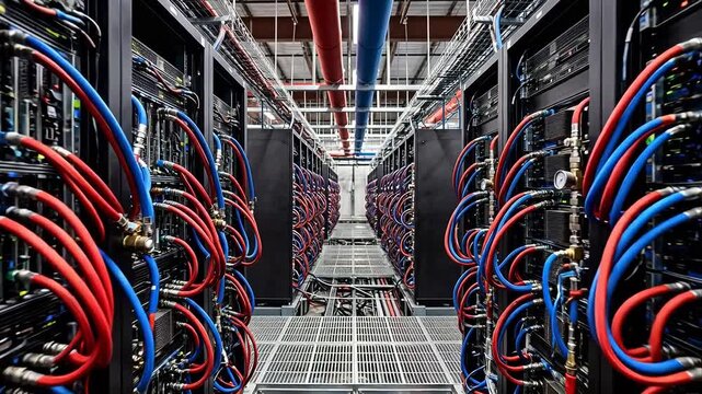Hyperscale data center aisle featuring direct-to-chip liquid cooling shows complex networks of red and blue braided hoses on massive heatsinks.
