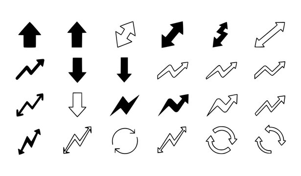 Trend arrow icon set vector with solid black and line style arrows for growth and analytics design