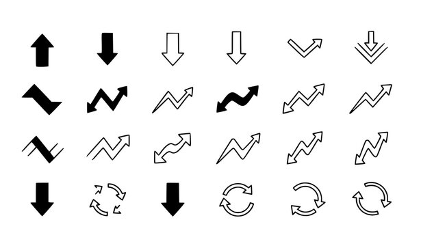 Outline and solid black arrow icons vector collection with trend direction symbols for UI and business
