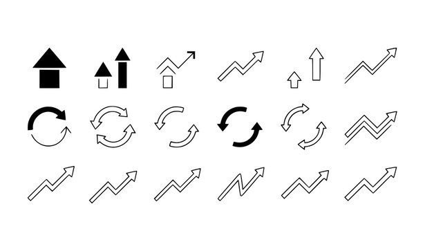 Minimal trend arrow pictogram icon set with solid and line style vector arrows for analytics design