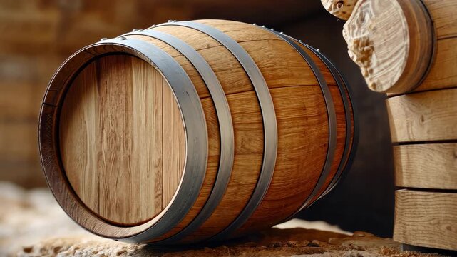 Wooden barrel gently rolls on rustic stone surface in sunlit environment