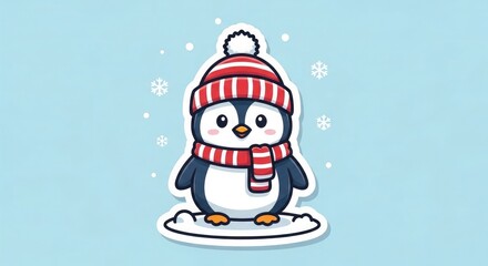 Naklejka premium Adorable cartoon penguin wearing red striped hat scarf standing on snow with falling snowflakes around winter scene
