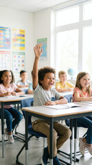 Fototapeta premium Happy Elementary School Boy Raising Hand in Bright Modern Classroom