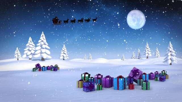 Animation of santa claus in sleigh with reindeer over winter scenery with snow falling