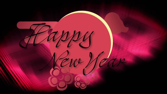 Animation of happy new year text with chinese red and yellow design pattern