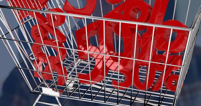 Animation of shopping card with discount percent over caucasian man using tablet