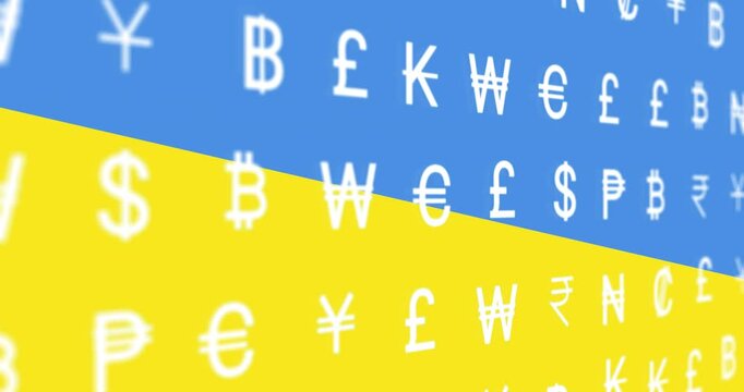 Animation of currency symbols over flag of ukraine