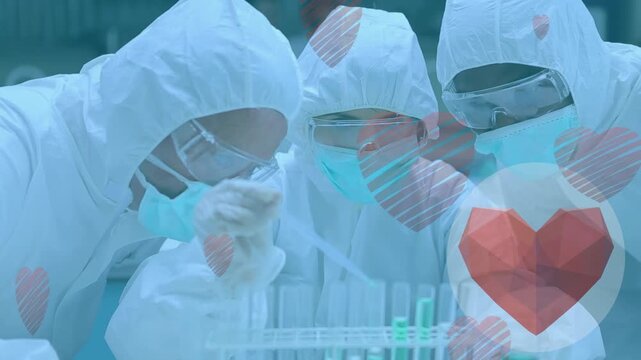 Animation of heart icons over diverse scientists with pipette