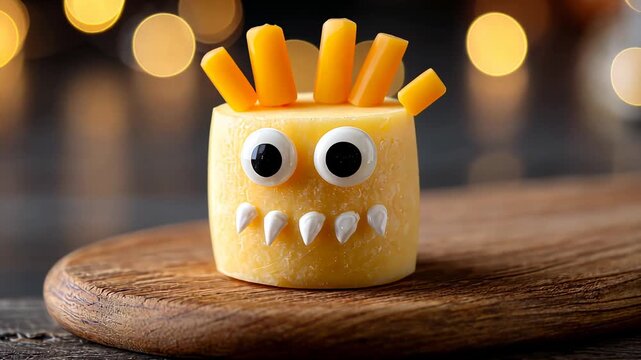 Cheesy monster snack with googly eyes and toothpick hair in playful kitchen setting
