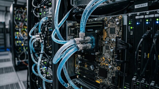 Close-up view of advanced server racks with intricate liquid cooling systems and circuit boards in a modern data center.